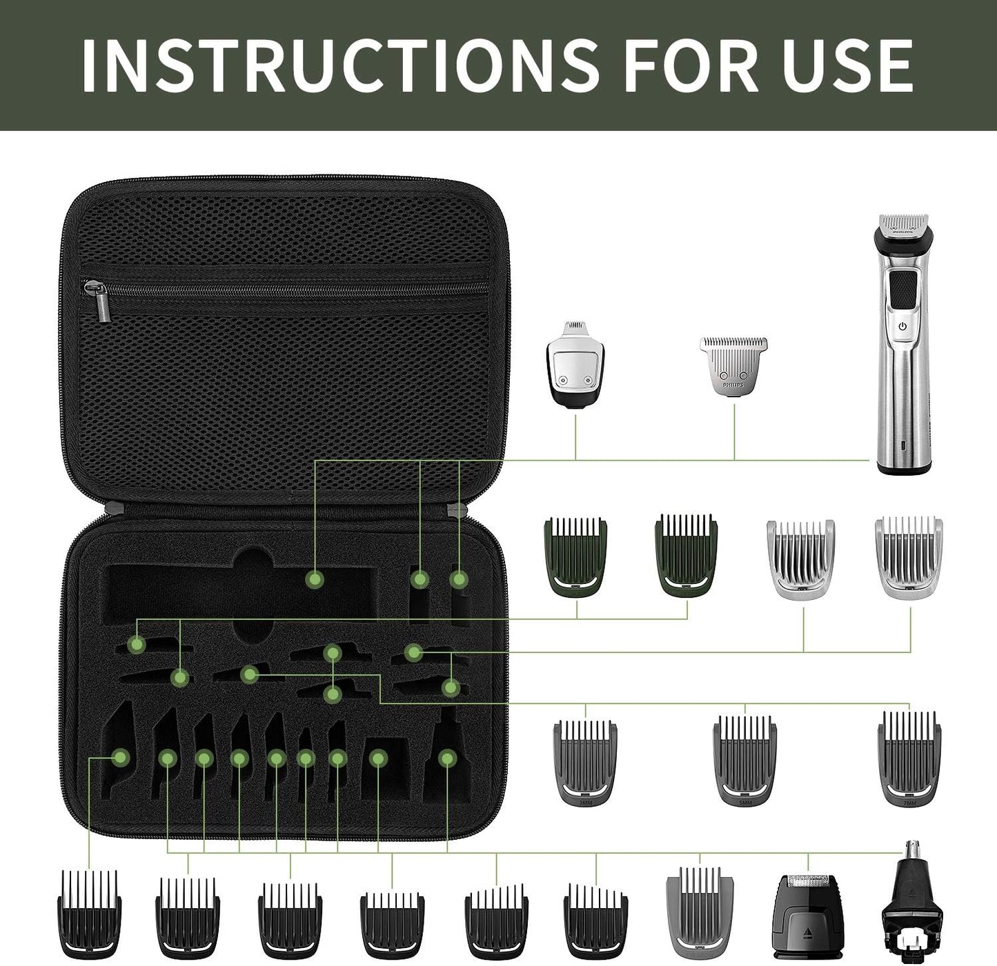 Case for Philips Norelco Multigroom Series 7000 MG7750/49 Beard Trimmer & attachments, Travel Storage Bag Hard Case Organizer (Series 7000)